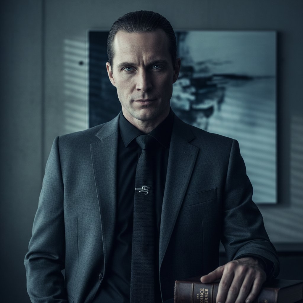 Portret mężczyzny o zimnym spojrzeniu, wyraz twarzy opanowany, symbolizujący ciemną triadę osobowości i manipulację