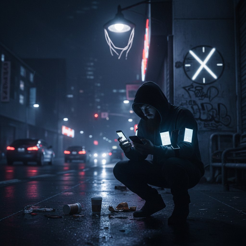 Człowiek przeglądający telefon w ciemnym otoczeniu, światło z ekranu oświetla twarz, symbol manipulacji cyfrowej