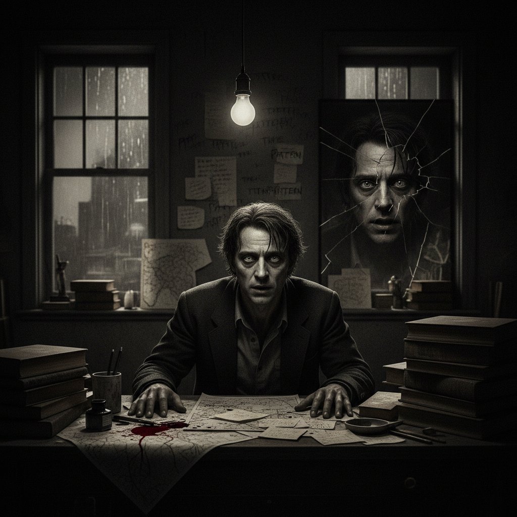 Obsessive character in a tense Darren Aronofsky scene, high-contrast, psychological thriller style