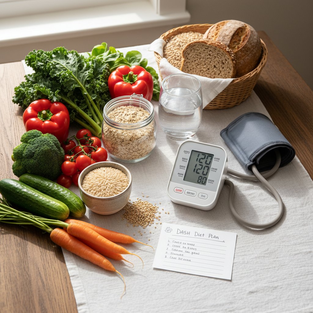 Nowoczesny stół: kolorowe warzywa, produkty pełnoziarniste, dzbanek wody i ciśnieniomierz – symbol diety DASH