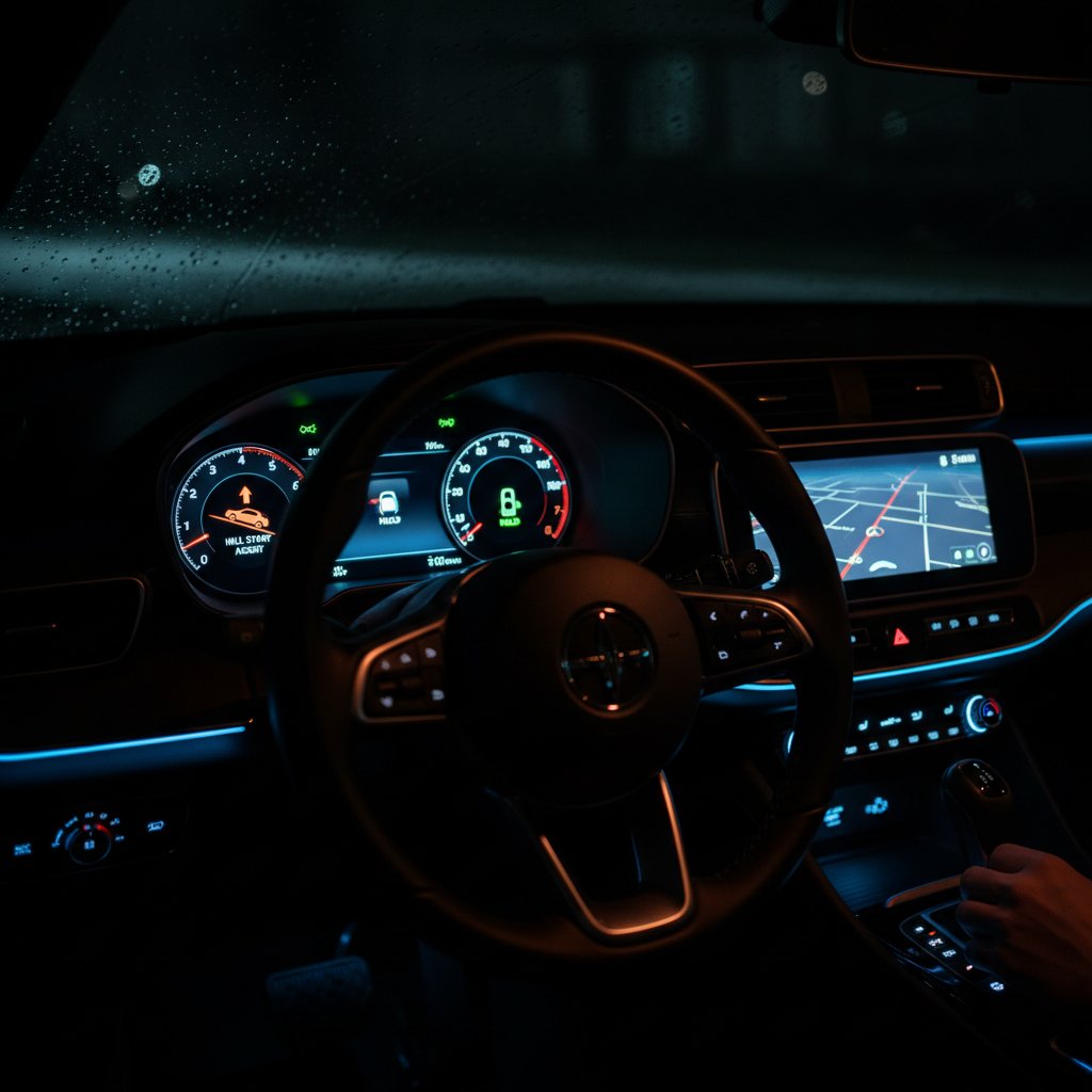 Dashboard lights showing active hill start assist, modern car interior, moody lighting, focus on dashboard icons and slope context