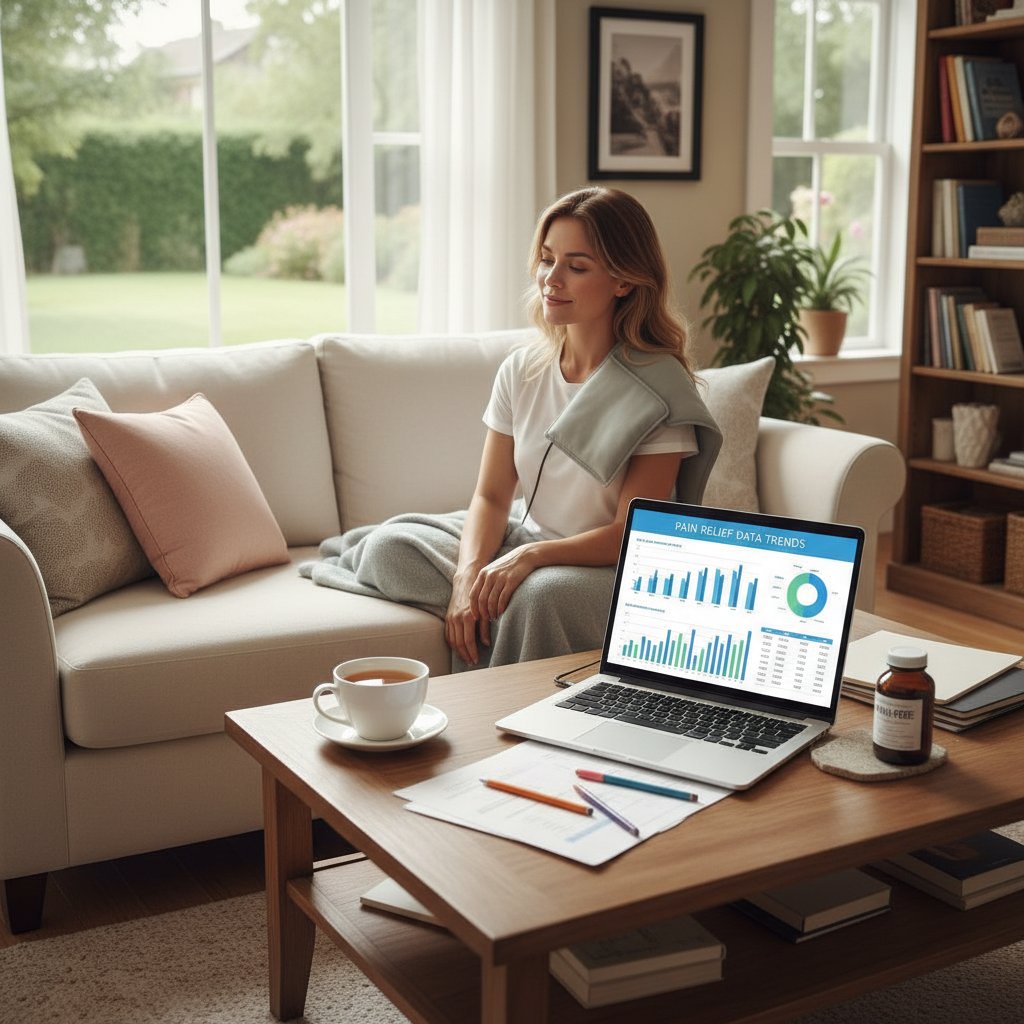 Statystyki korzystania z internetu do radzenia sobie z bólem — ilustracja osoby analizującej dane na ekranie laptopa w domowym zaciszu