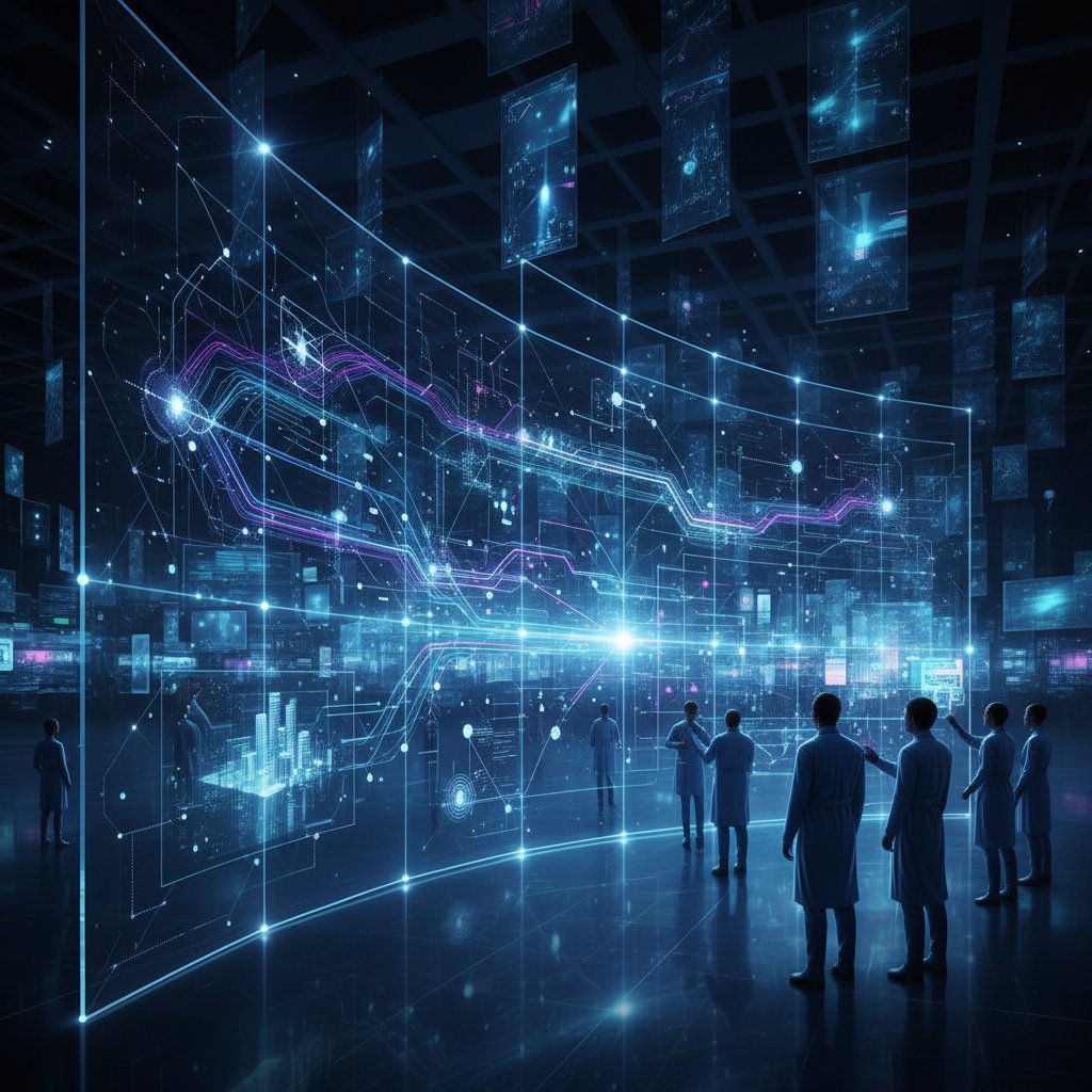 The future of data analysis is here, person standing in front of a glowing wall of dynamic shifting data representing text extraction software transformation