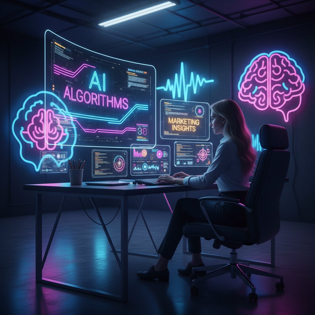 Analityk danych przy komputerze analizujący algorytmy AI w marketingu online, neonowy klimat