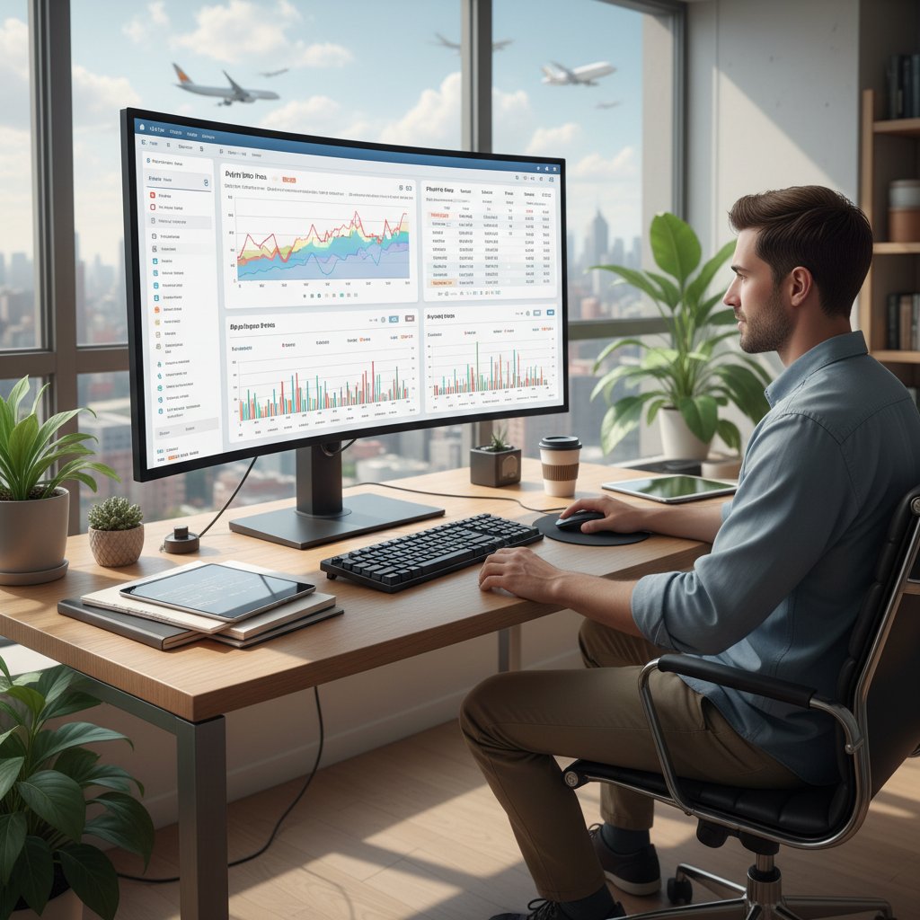Analityk przy komputerze śledzący zmiany cen biletów na wykresach w biurze podróży