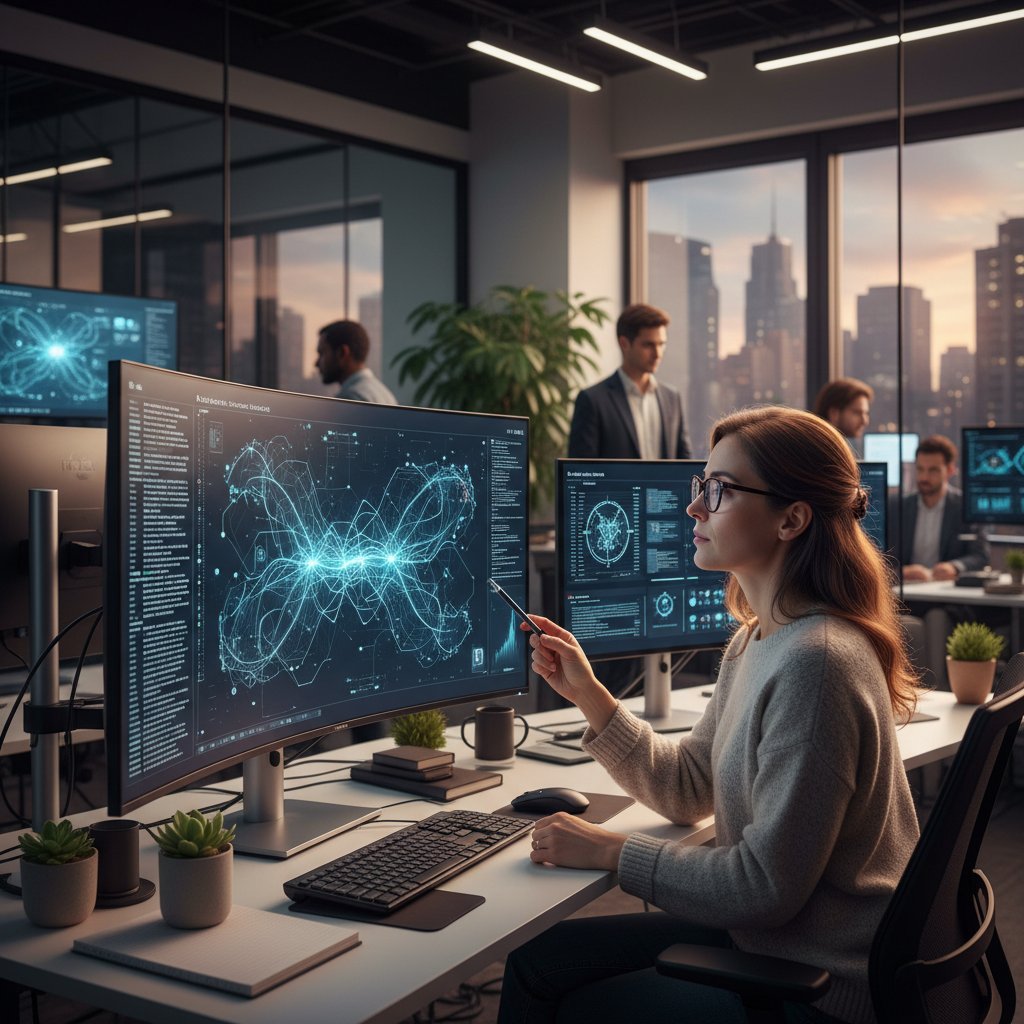 Specjalista IT analizuje dane na ekranie komputera, prezentując, jak algorytmy AI zbierają i analizują dane użytkowników