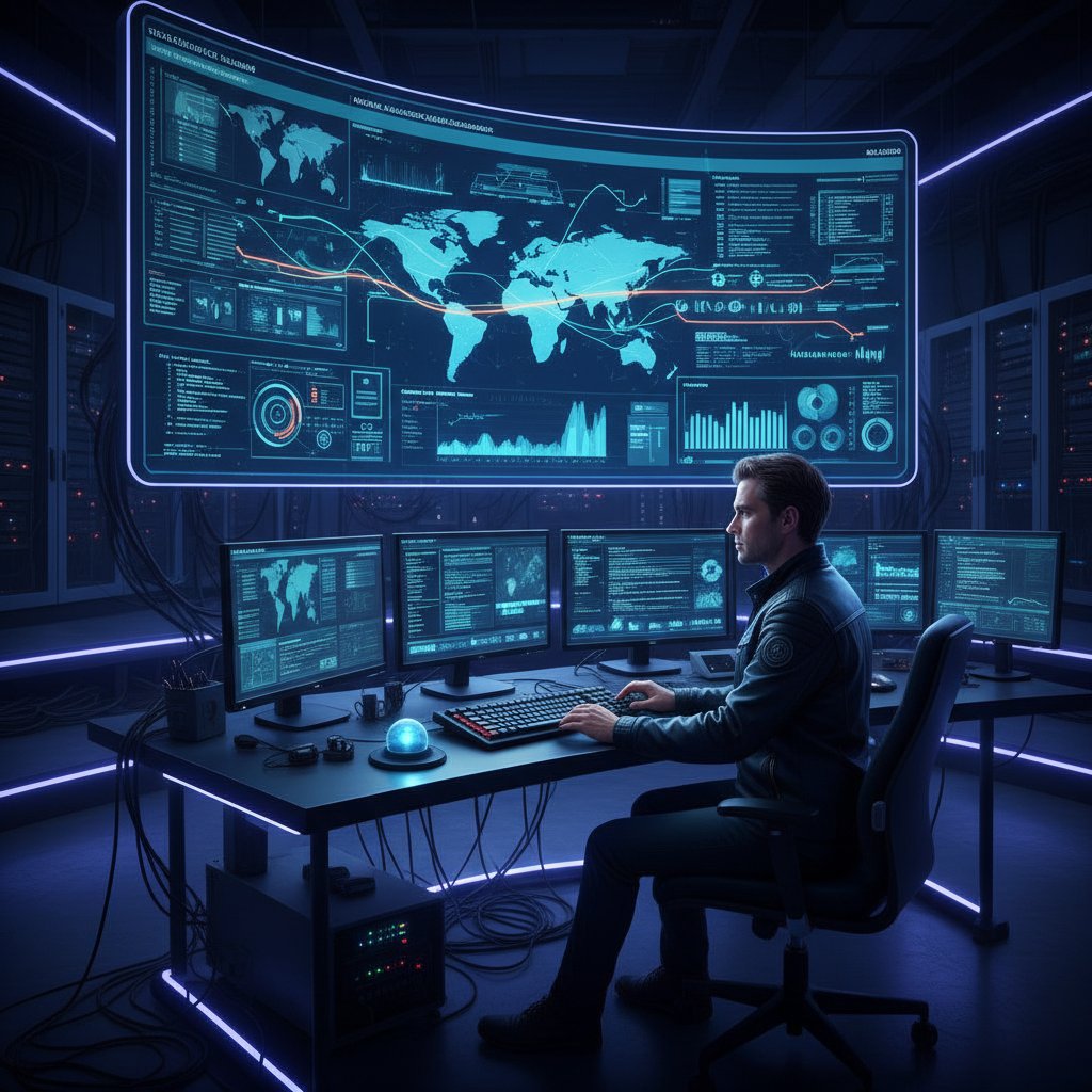 Pracownik analizujący dane na dużym ekranie w kontrolnym centrum – filozofia danych