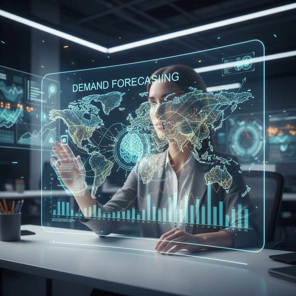 Analityk pracujący przy komputerze z wizualizacją danych sprzedażowych i prognoz popytu AI