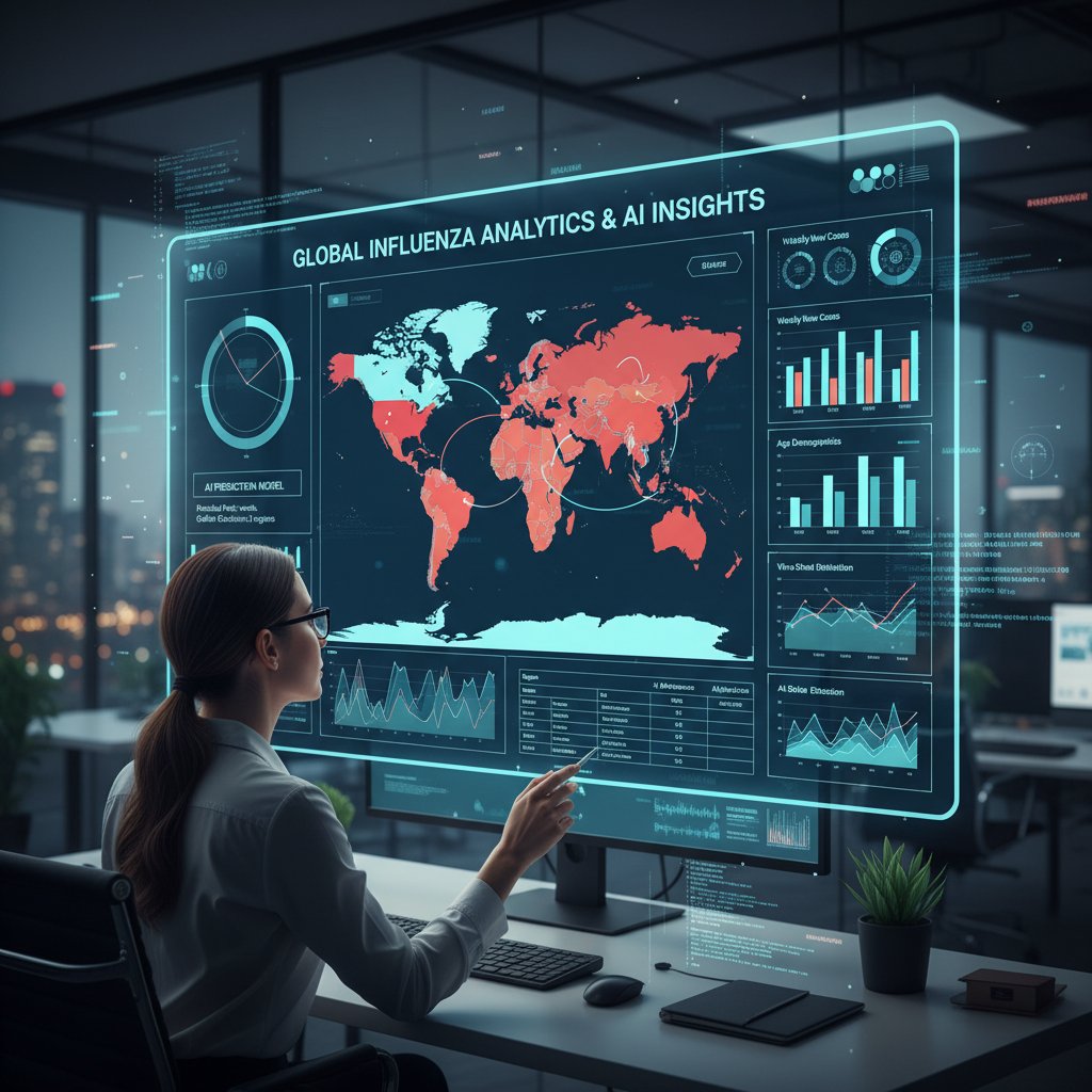 Informatyk analizujący dane o przypadkach grypy na nowoczesnym ekranie, wyświetlane mapy i wykresy