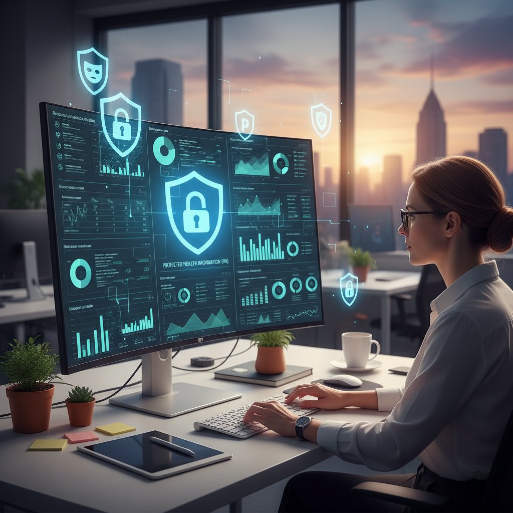 Analityk przeglądający wykresy danych zdrowotnych na ekranie dużego monitora, w otoczeniu cyfrowych ikon prywatności