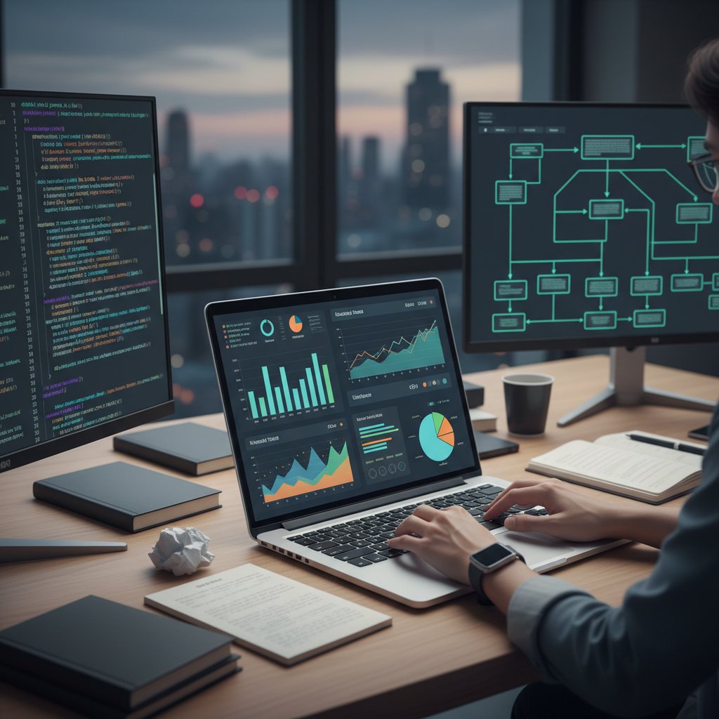 Specjalista analizujący dane na ekranie laptopa, wykresy i fragmenty kodu rekomendacyjnego