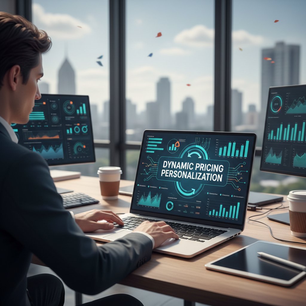 Analityk danych przy laptopie analizuje strategie dynamicznego ustalania cen i personalizacji w firmie