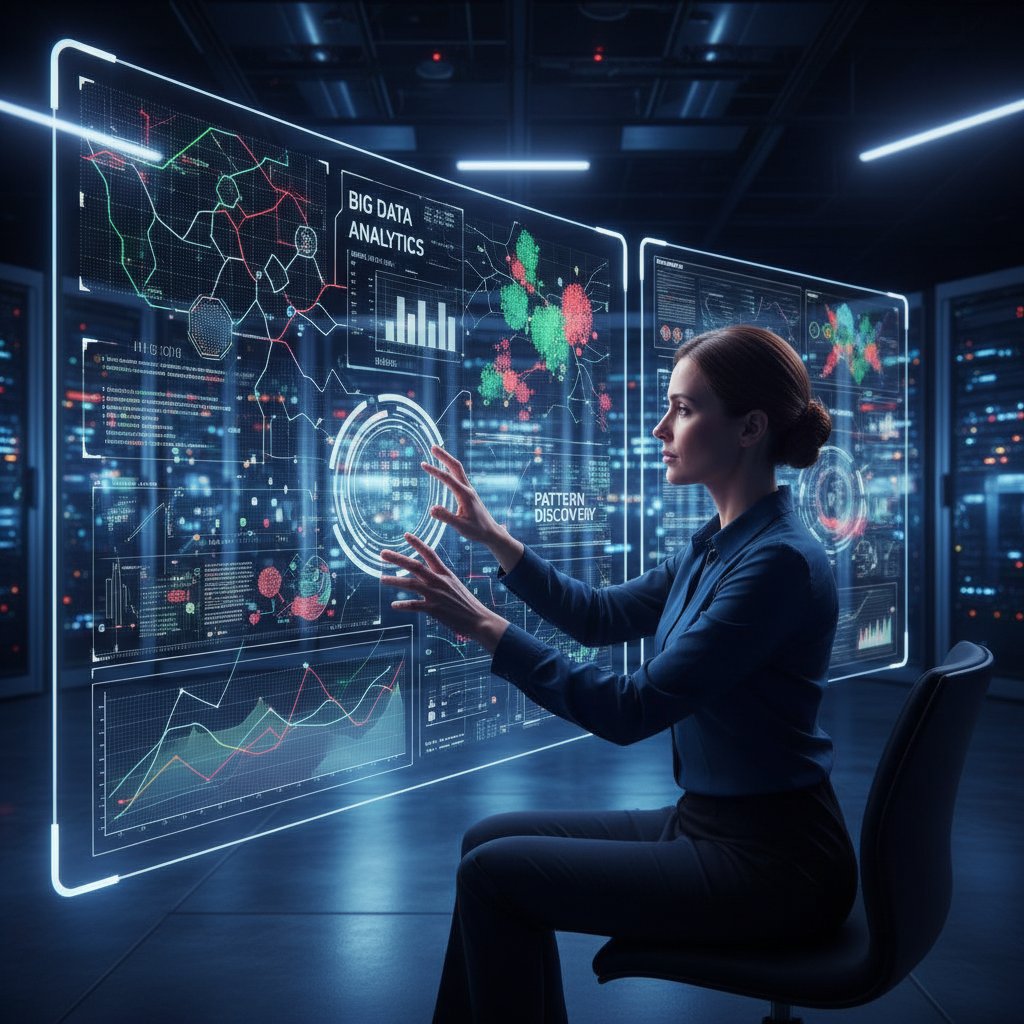 Data analyst studying patterns in large data set, overlayed with digital data points