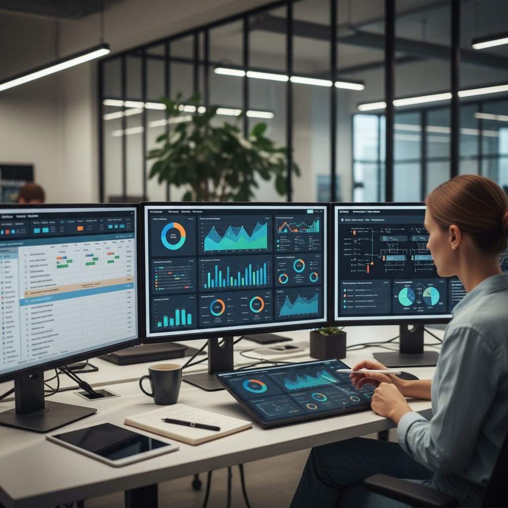 Specjalista analizujący dane projektowe na tle dużego ekranu z wykresami