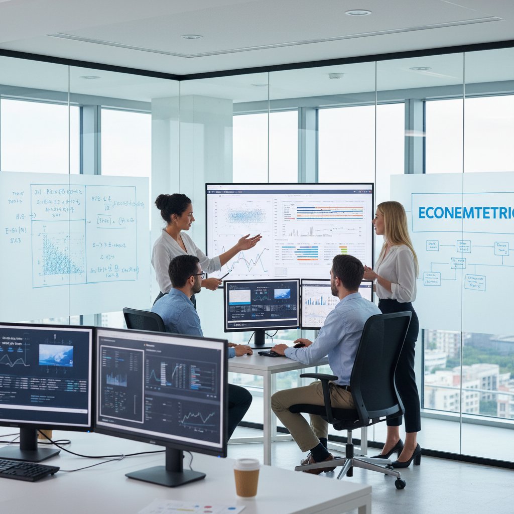Zespół analityków danych w biurze, pracujący nad modelami ekonometrycznymi