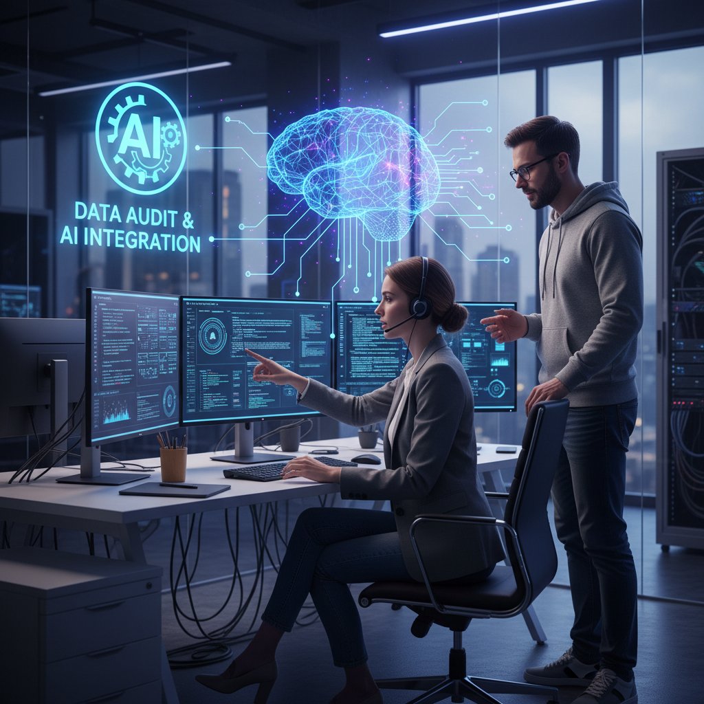 Marketer przeprowadzający audyt danych marketingowych przed wdrożeniem AI