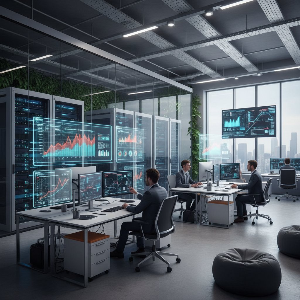 Nowoczesne centrum danych z zespołem analityków przy panelach wyświetlających wykresy ryzyka