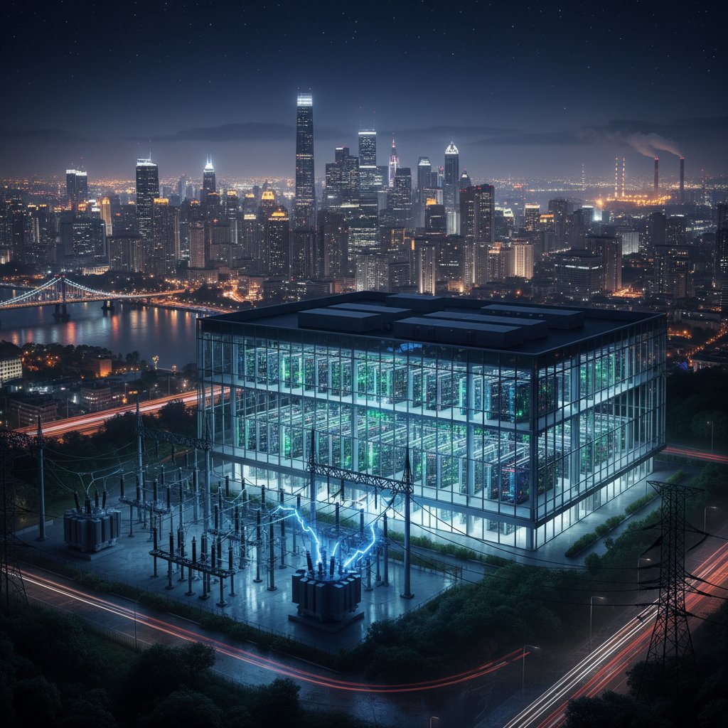 Nowoczesne serwerownie na tle miasta nocą, z wizualizacją energii elektrycznej – ekologiczny koszt AI