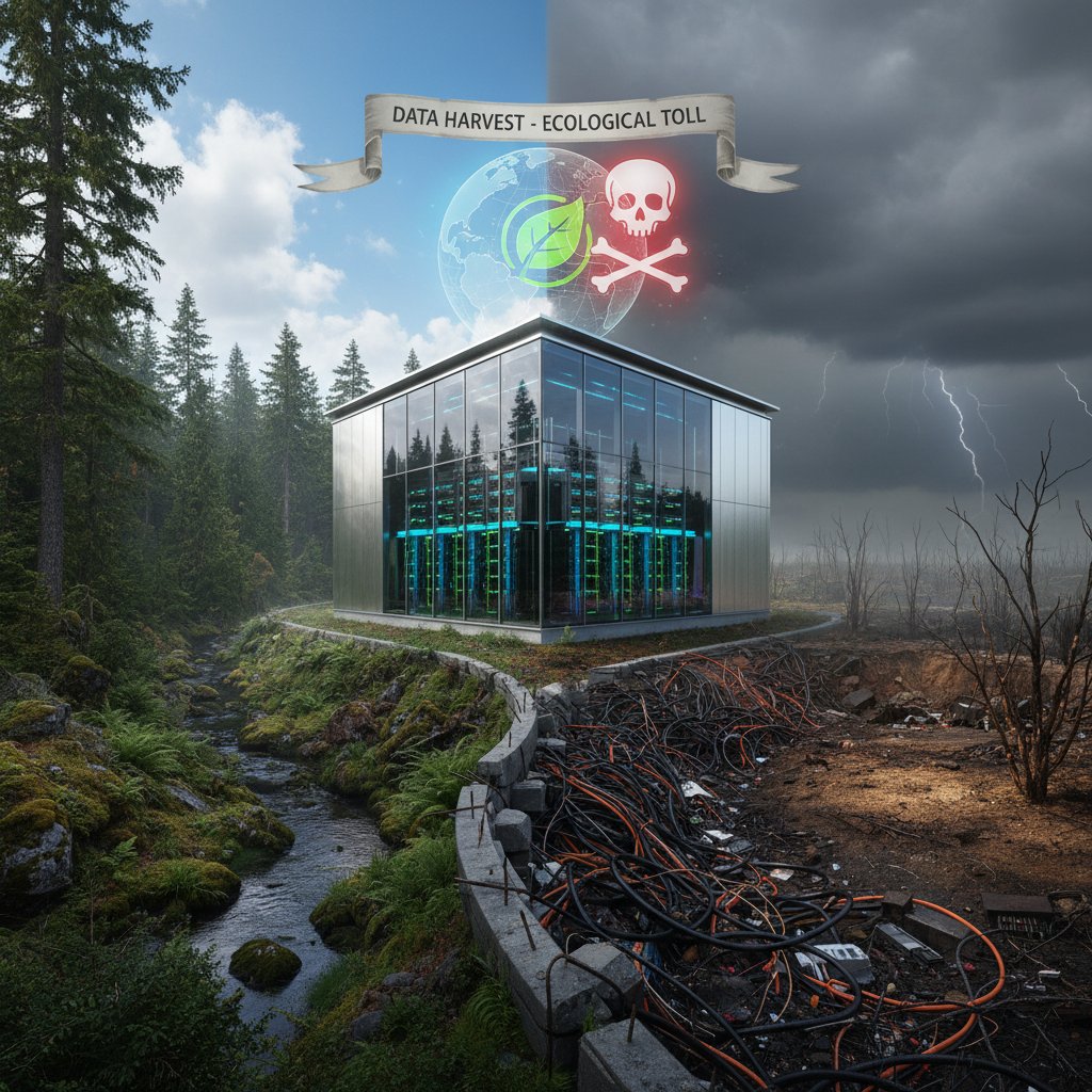 Zdjęcie centrum danych pośród natury, kontrastujące z zielenią i szarymi, chłodnymi ścianami serwerowni