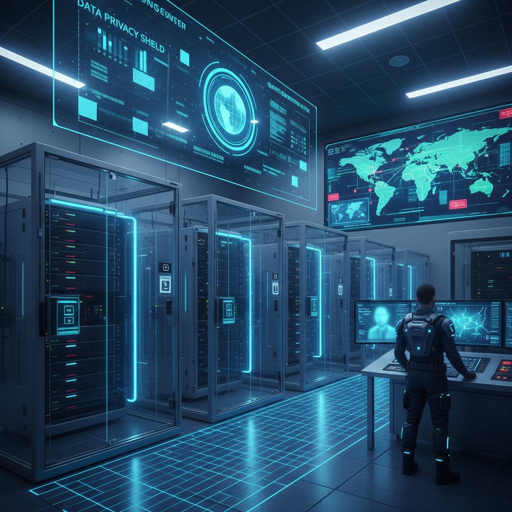 Nowoczesne centrum danych, ekrany z kodem i symbole bezpieczeństwa danych, atmosfera innowacji i ochrony prywatności