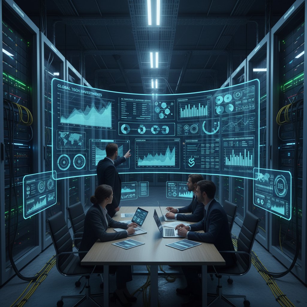 Nowoczesne centrum danych z ekranami, inwestor analizuje trendy technologiczne