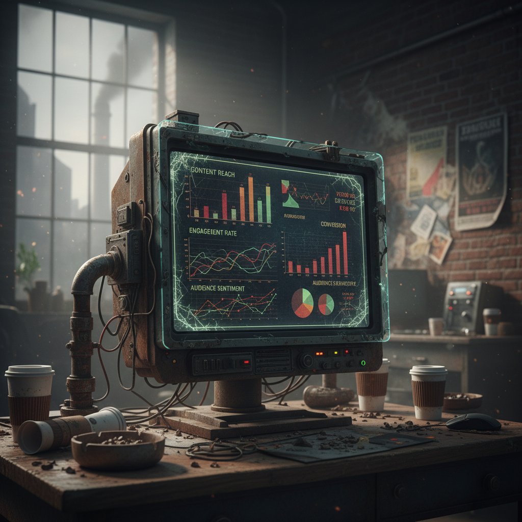 Realistyczny dashboard z metrykami skuteczności treści, wykresy, liczby, zgrzytliwy klimat pracy analitycznej