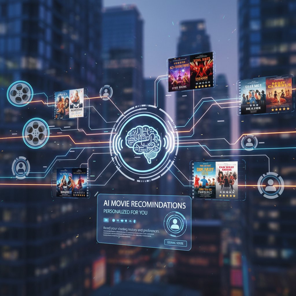 Photo of a person surrounded by screens visualizing data streams, representing AI-powered movie recommendation process