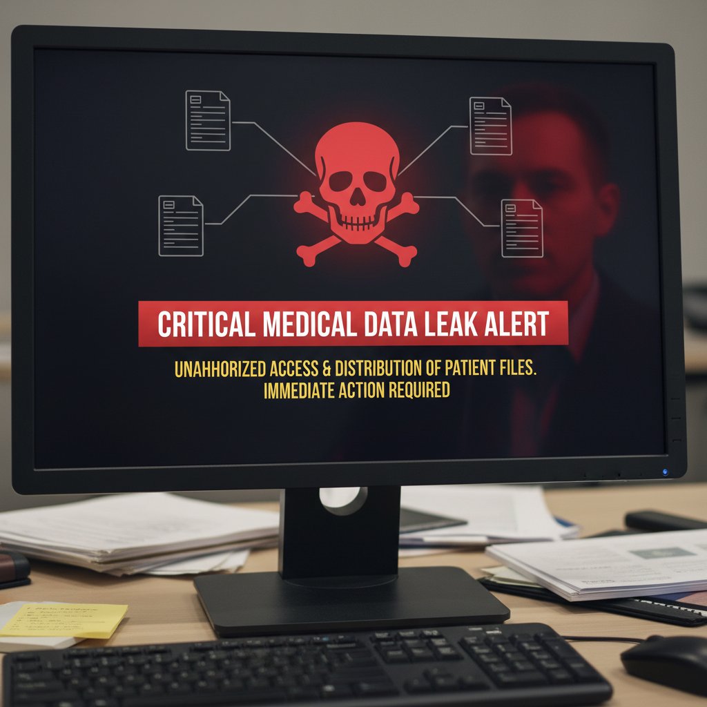 Zbliżenie na ekran komputera ze znakiem ostrzeżenia, symbolizujący wyciek danych medycznych
