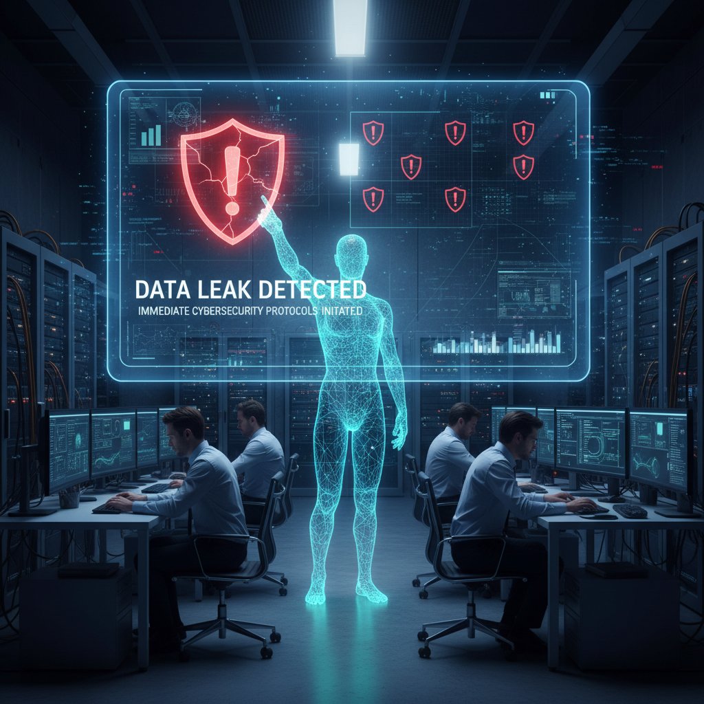 Zbliżenie na ekran z ostrzeżeniem o wycieku danych - bezpieczeństwo wirtualnego analityka danych