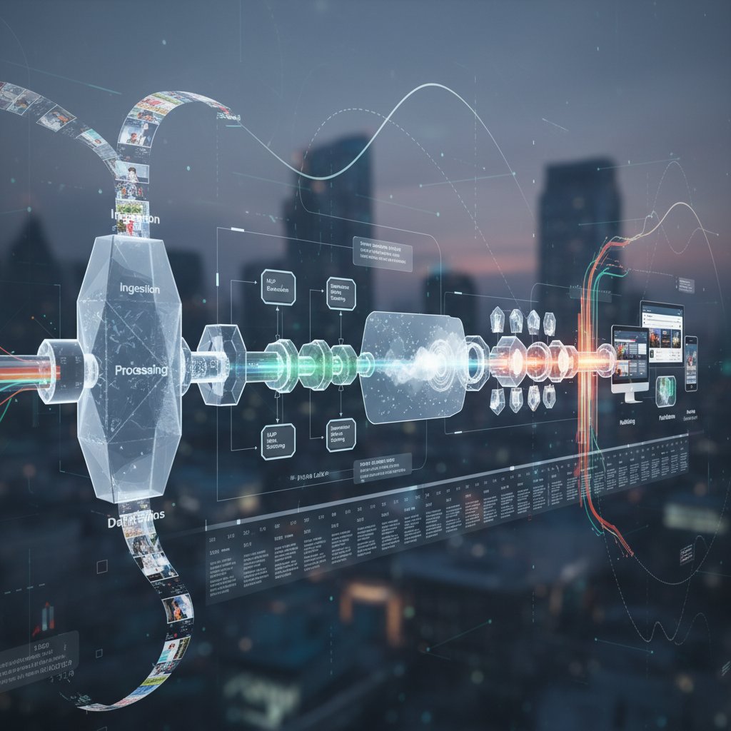 Photo depicting a technical flowchart concept: person interacting with digital news feeds on multiple screens, modern office