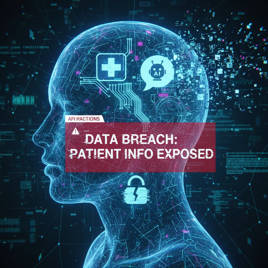 Data privacy risks in AI medical chatbots, digital lock overlaid on chat window, glitch effect, cyberpunk color palette, urban backdrop