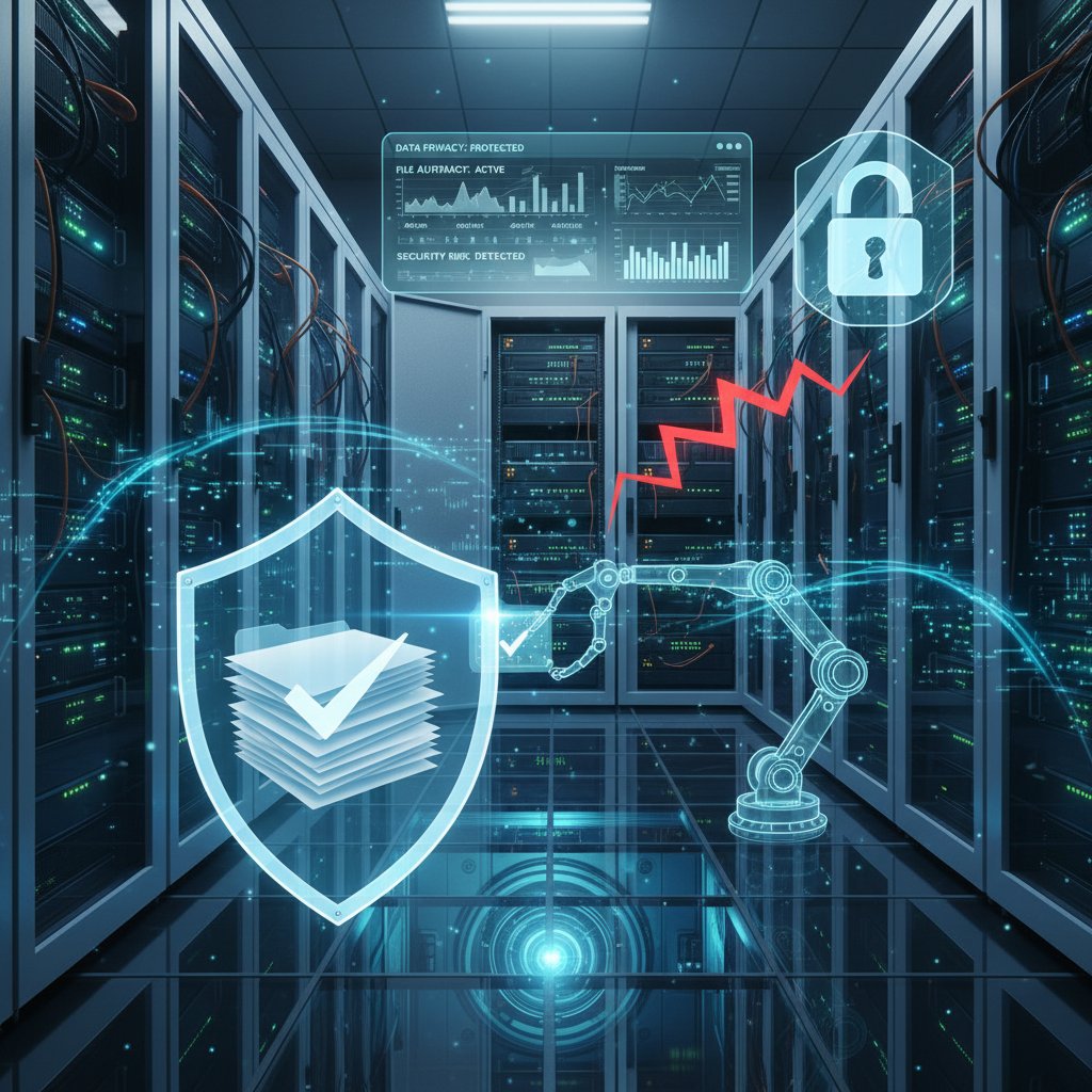 Shadowy figure behind wall of digital files, symbolizing privacy risks in file automation