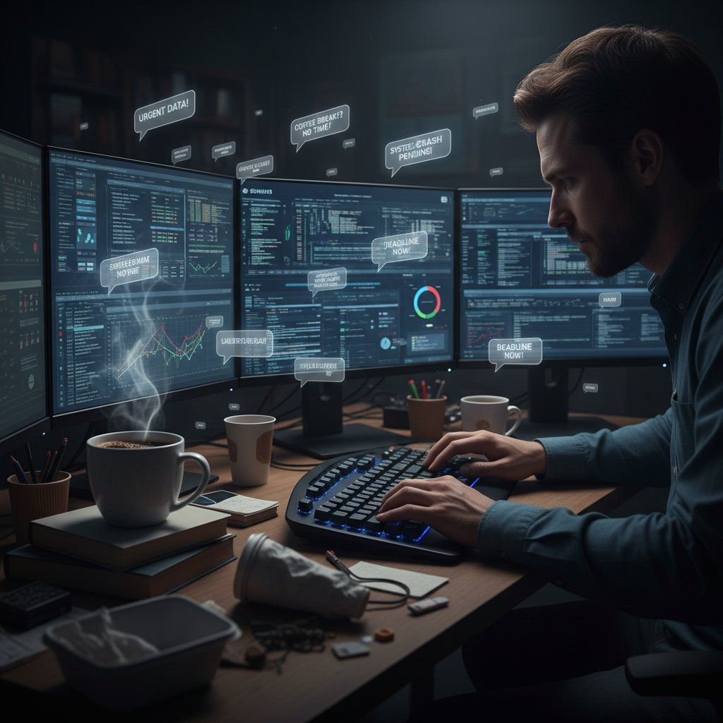 Modern data processing specialist at work, surrounded by screens, coffee cups, and frantic messages