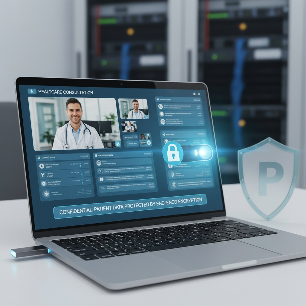 Ochrona danych zdrowotnych podczas konsultacji online, laptop, zasłonięty ekran, dłoń z kluczem USB