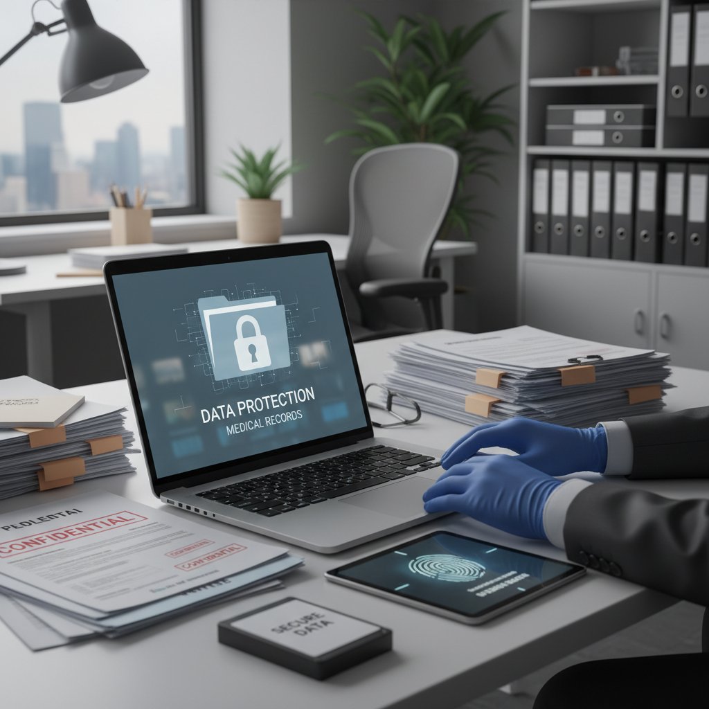Specjalista ds. ochrony danych analizuje dokumentację medyczną z wykorzystaniem laptopa