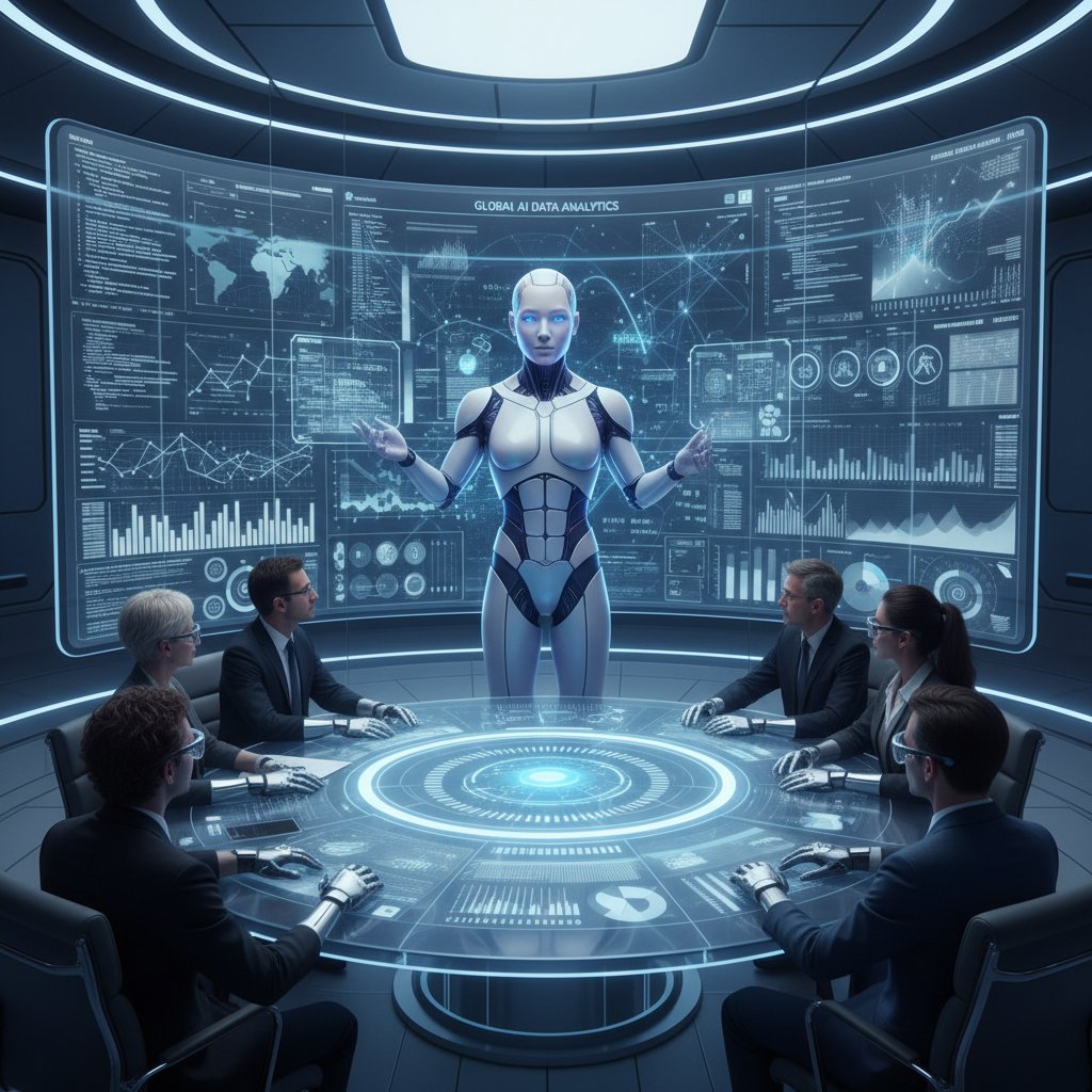 Enterprise team interacting with an AI-powered digital coworker during a strategy session, AI avatar, futuristic conference room, data research