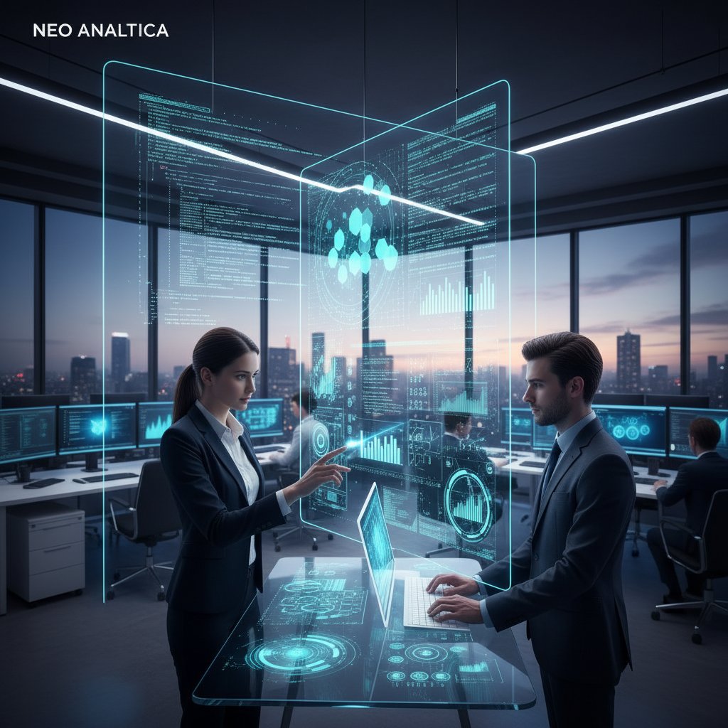 Modern AI data research tool in use in a corporate environment, digital transparent display, data research