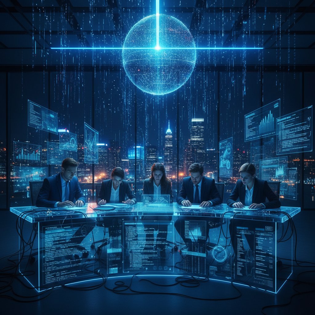 An overwhelmed enterprise team surrounded by physical and digital data overload, high-contrast, night corporate office, stressed staff and floating data points, data research