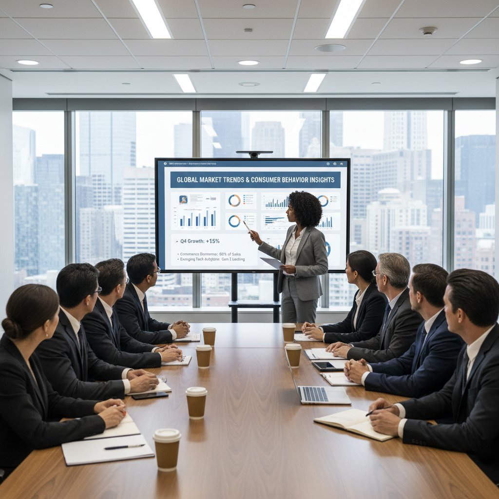 Presenting powerful data insights to an executive team using vivid visuals, boardroom, high contrast, diverse audience, data research