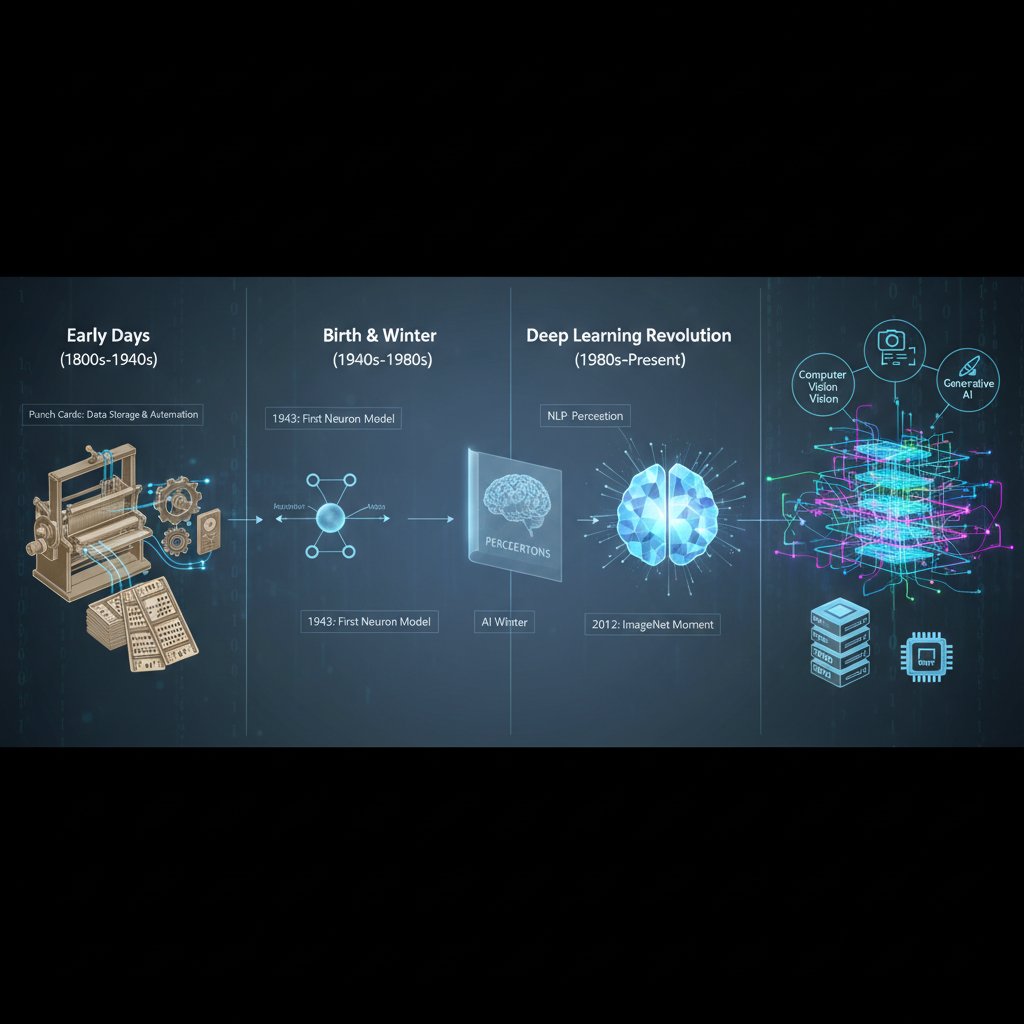 Historical evolution of data research from analog punch cards to neural networks, retro-modern collage, data research