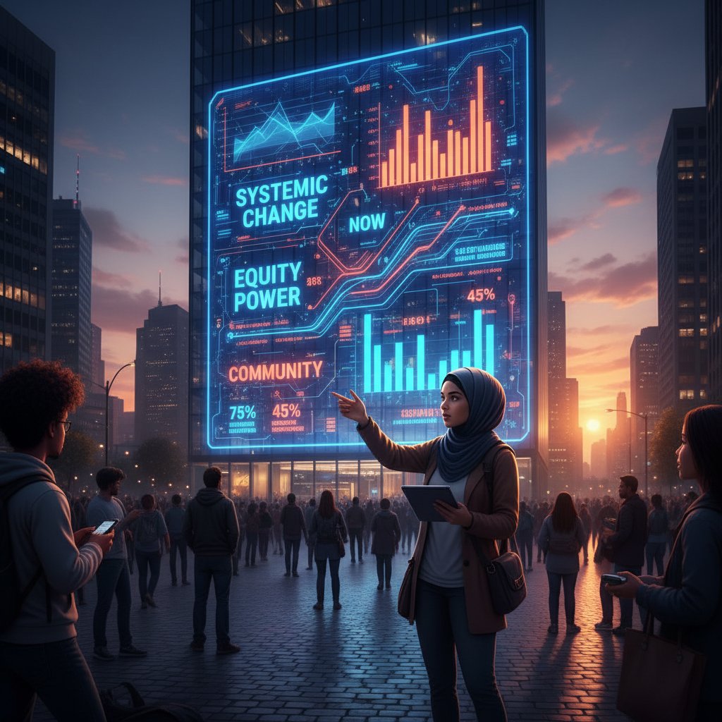 Social activist presenting a data-rich poster at a public demonstration, protest, urban backdrop, dusk, data research