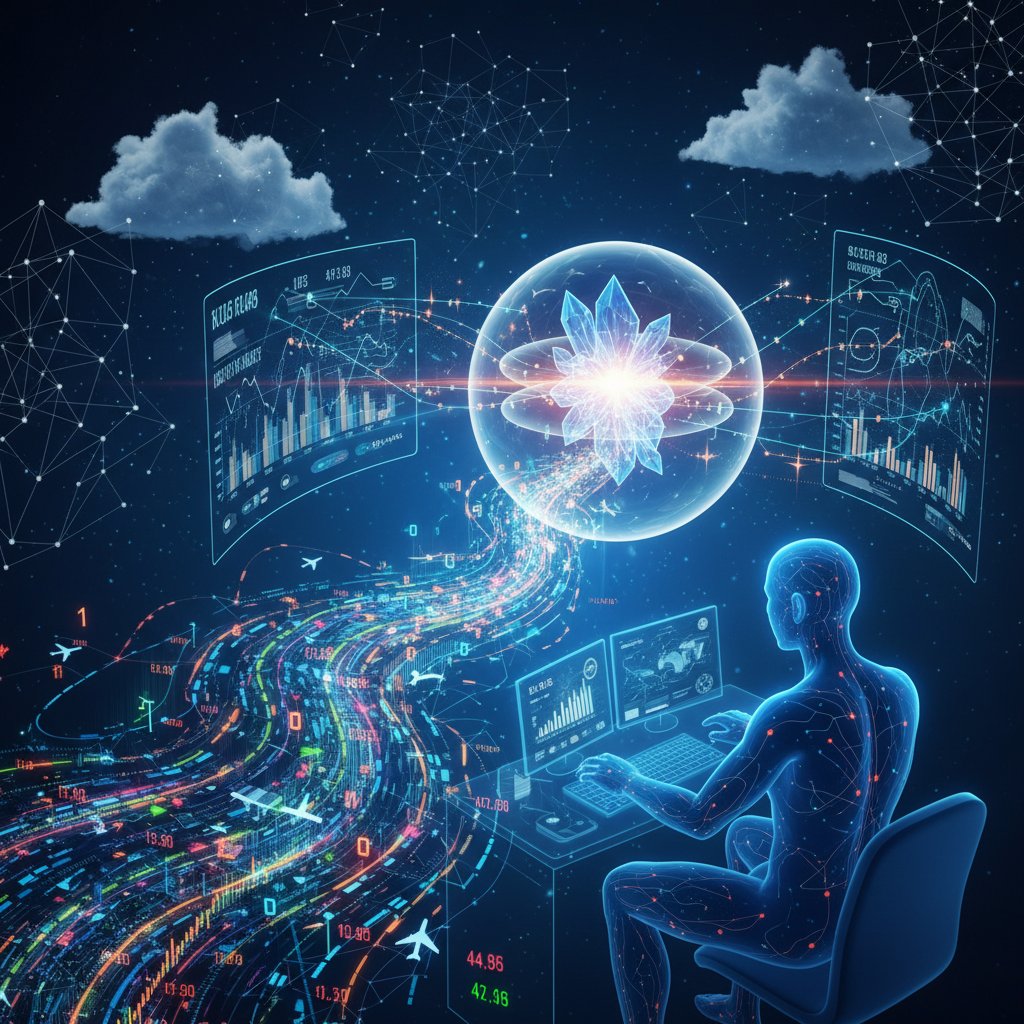 Data scientists analyzing digital data streams feeding AI-powered flight fare prediction algorithm, abstract futuristic environment