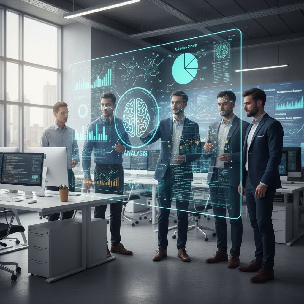 Zespół analityków i programistów pracujących przy komputerach ze schematem danych na ekranie