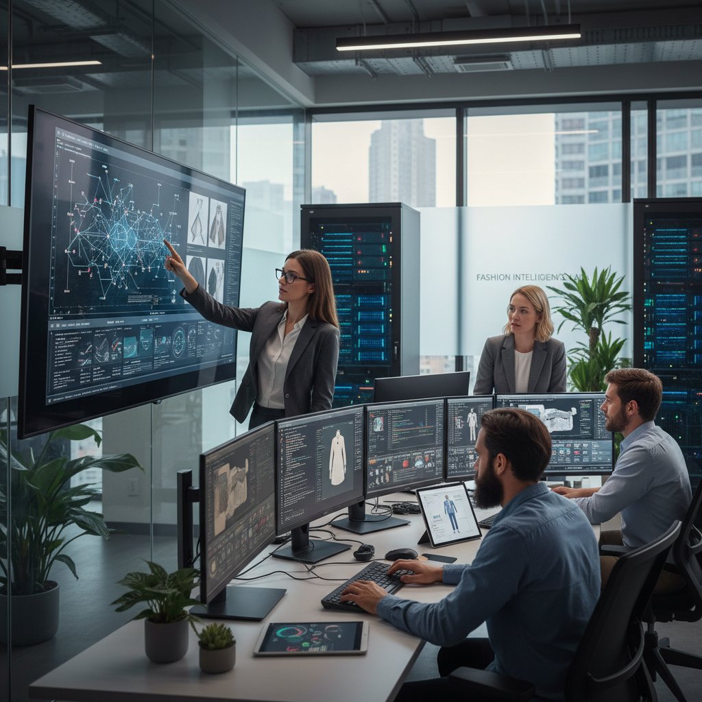 Zespół data scientistów analizujących dane modowe na komputerach w biurze AI