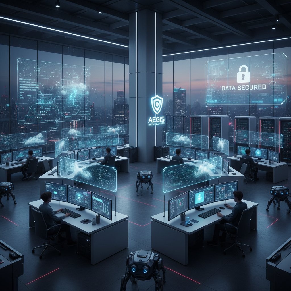 Nowoczesne biuro zabezpieczeń danych z komputerami i ekranami AI – motyw bezpieczeństwa