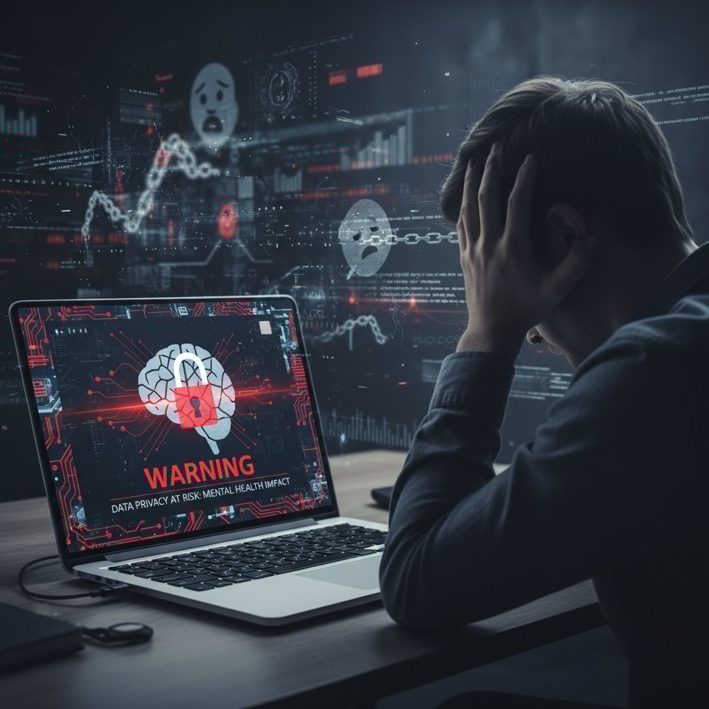 Zbliżenie na ekran laptopa z ostrzeżeniem o bezpieczeństwie danych, zdrowie psychiczne online