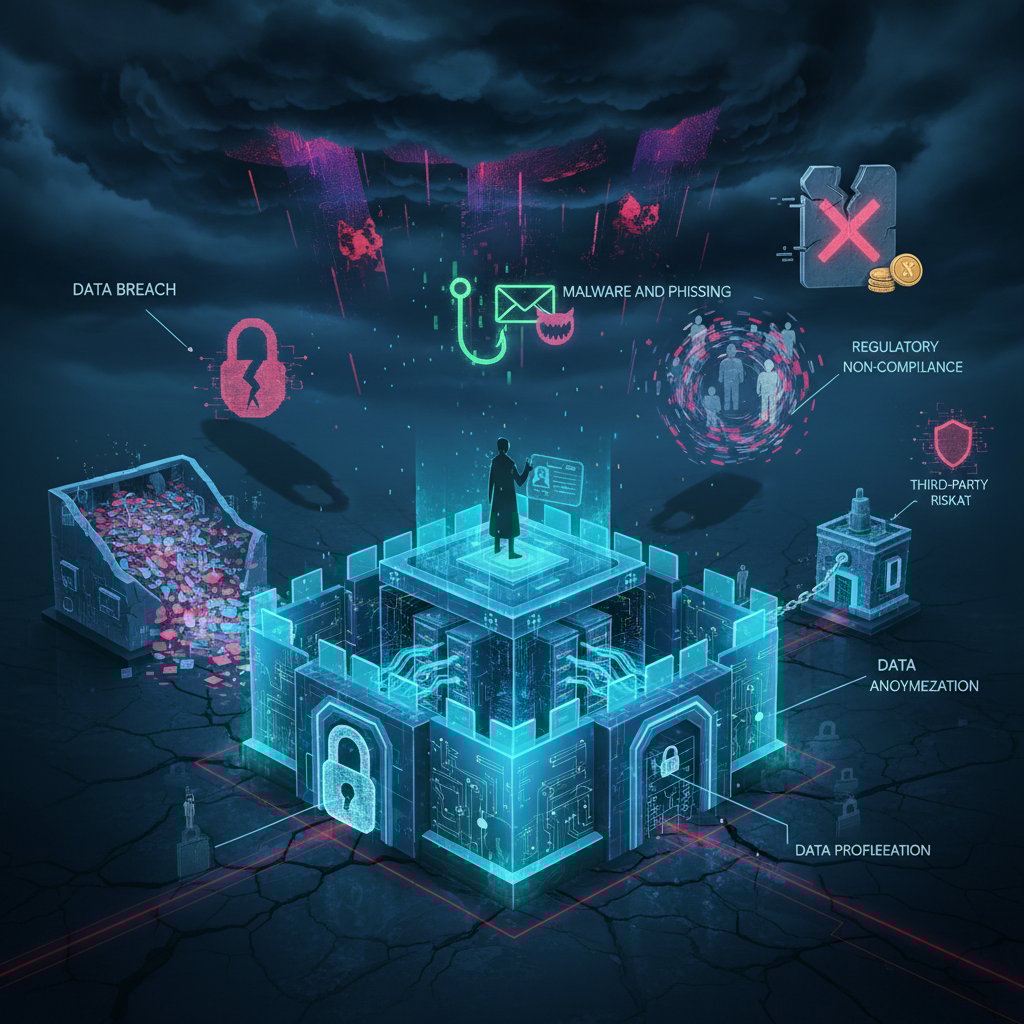 Photo showing a wall of computer monitors with warning symbols, representing data privacy and security risks