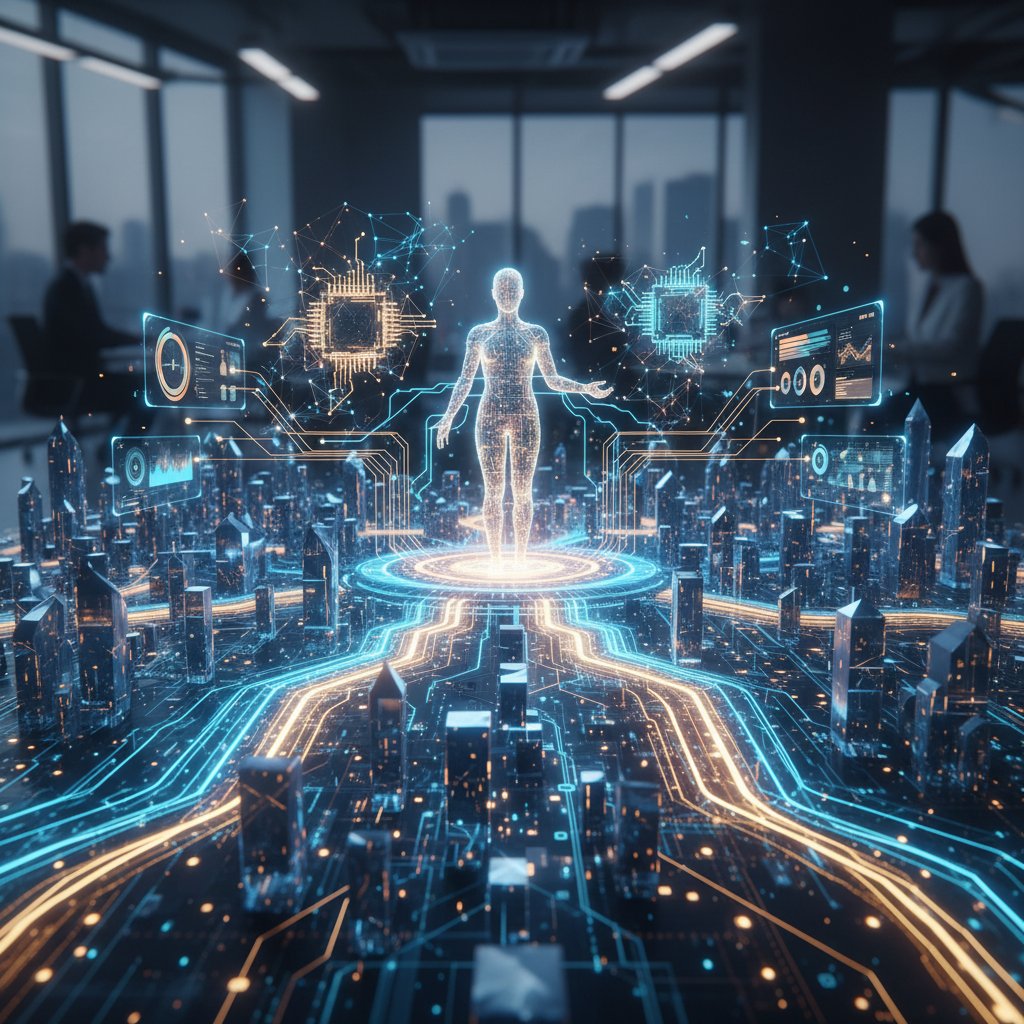 Data streams powering an enterprise AI teammate, visualized as abstract flows within a high-tech business environment