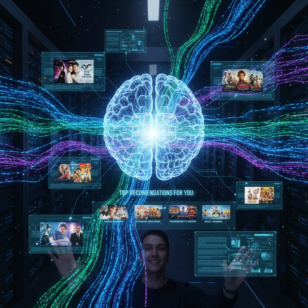 Data streams feeding into an AI brain for movie recommendations, abstract tech noir style, personalized film recommendations visual