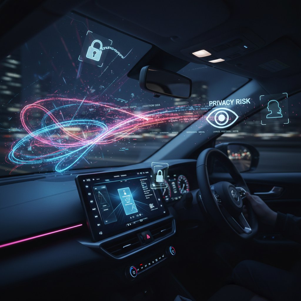 Symbolic image of data streams flowing from car dashboard to cloud, high-contrast, privacy risk concept